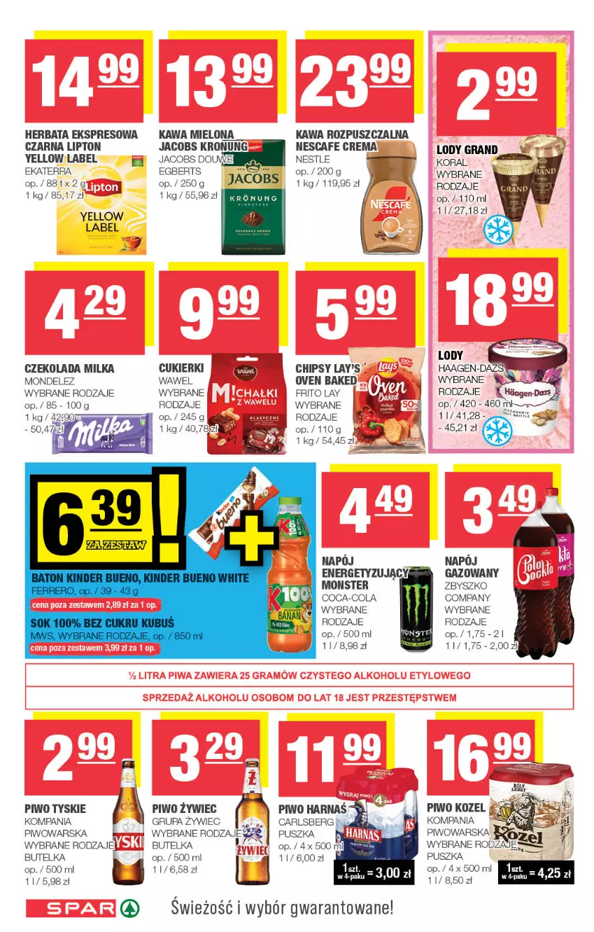 Gazetka promocyjna Spar - Spar - ważna 25.08 do 04.09.2024 - strona 6 - produkty: Carlsberg, Chipsy, Coca-Cola, Cukier, Cukierki, Czekolada, Gra, Harnaś, Herbata, Jacobs, Kawa, Kawa mielona, Kawa rozpuszczalna, Kozel, Lipton, Lody, Milka, Napój, Piwo, Tyskie, Wawel