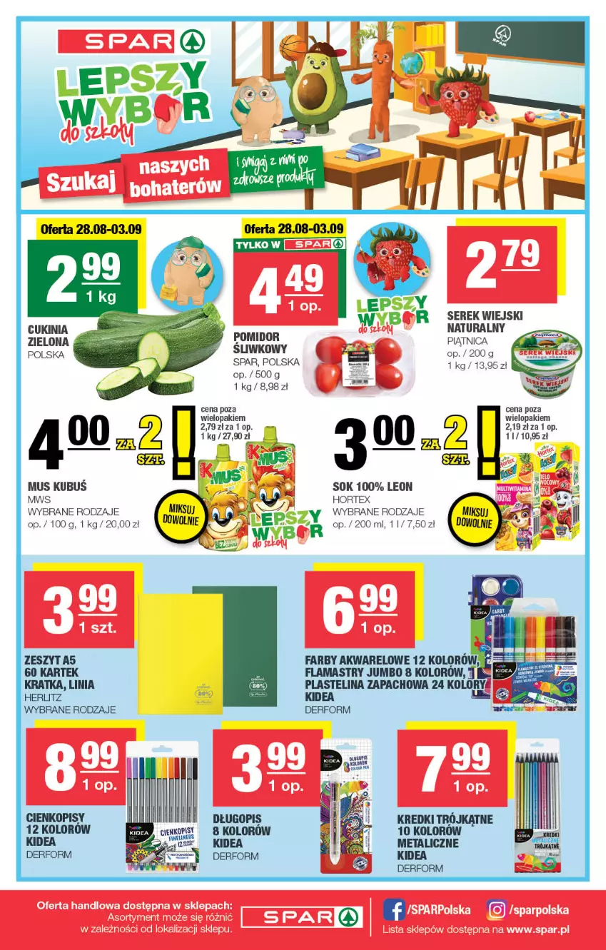 Gazetka promocyjna Spar - Spar - ważna 25.08 do 04.09.2024 - strona 8 - produkty: Hortex, Kubuś, Leon, Mus, Piątnica, Plastelina, Ser, Serek, Serek wiejski, Sok