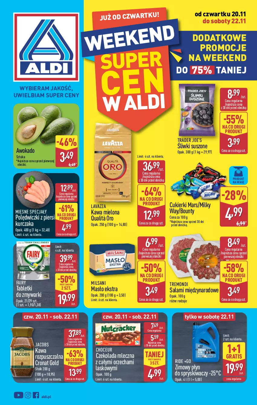 Gazetka promocyjna Aldi - Oferta weekendowa - ważna 20.11 do 22.11.2025 - strona 1 - produkty: Bounty, Cukier, Cukierki, Czekolada, Czekolada mleczna, Fa, Fairy, Gra, Jacobs, Kawa, Kawa mielona, Kawa rozpuszczalna, Kurczak, Lavazza, Mars, Masło, Mięsne specjały, Milky Way, Płyn do spryskiwaczy, Salami, Tablet, Tabletki do zmywarki, Zmywarki