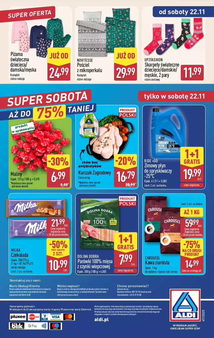 Gazetka promocyjna Aldi - Oferta weekendowa - ważna 20.11 do 22.11.2025 - strona 16 - produkty: Biuro, Czekolada, Dzieci, Fa, Gra, Karp, Kawa, Kawa ziarnista, Kurczak, Maliny, Milka, O nas, Parówki, Piżama, Płyn do spryskiwaczy, Por, Pościel
