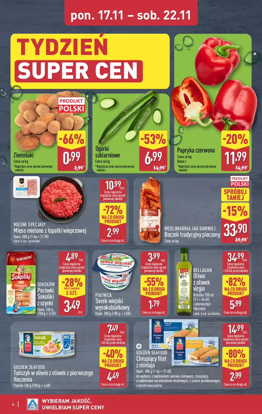 Gazetka promocyjna Aldi - Oferta weekendowa - ważna 20.11 do 22.11.2025 - strona 4 - produkty: Bell, Bella, Boczek, Filet z mintaja, Gin, Golden Seafood, Mięsne specjały, Mięso, Mięso mielone, Mięso mielone z łopatki wieprzowej, Mintaj, Mozzarella, Mus, Oliwa z oliwek, Papryka, Papryka czerwona, Parówki, Parówki sokoliki, Piątnica, Piec, Ser, Serek, Serek wiejski, Sok, Sokołów, Sos, Tuńczyk, Ziemniaki