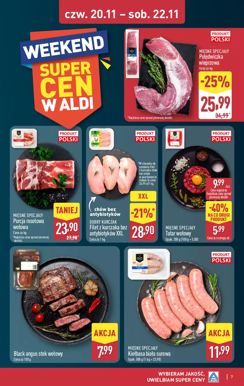 Gazetka promocyjna Aldi - Oferta weekendowa - ważna 20.11 do 22.11.2025 - strona 7 - produkty: Kiełbasa, Kiełbasa biała, Kurczak, Lack, Mięsne specjały, Polędwiczka wieprzowa, Por, Stek, Stek wołowy, Tatar wołowy