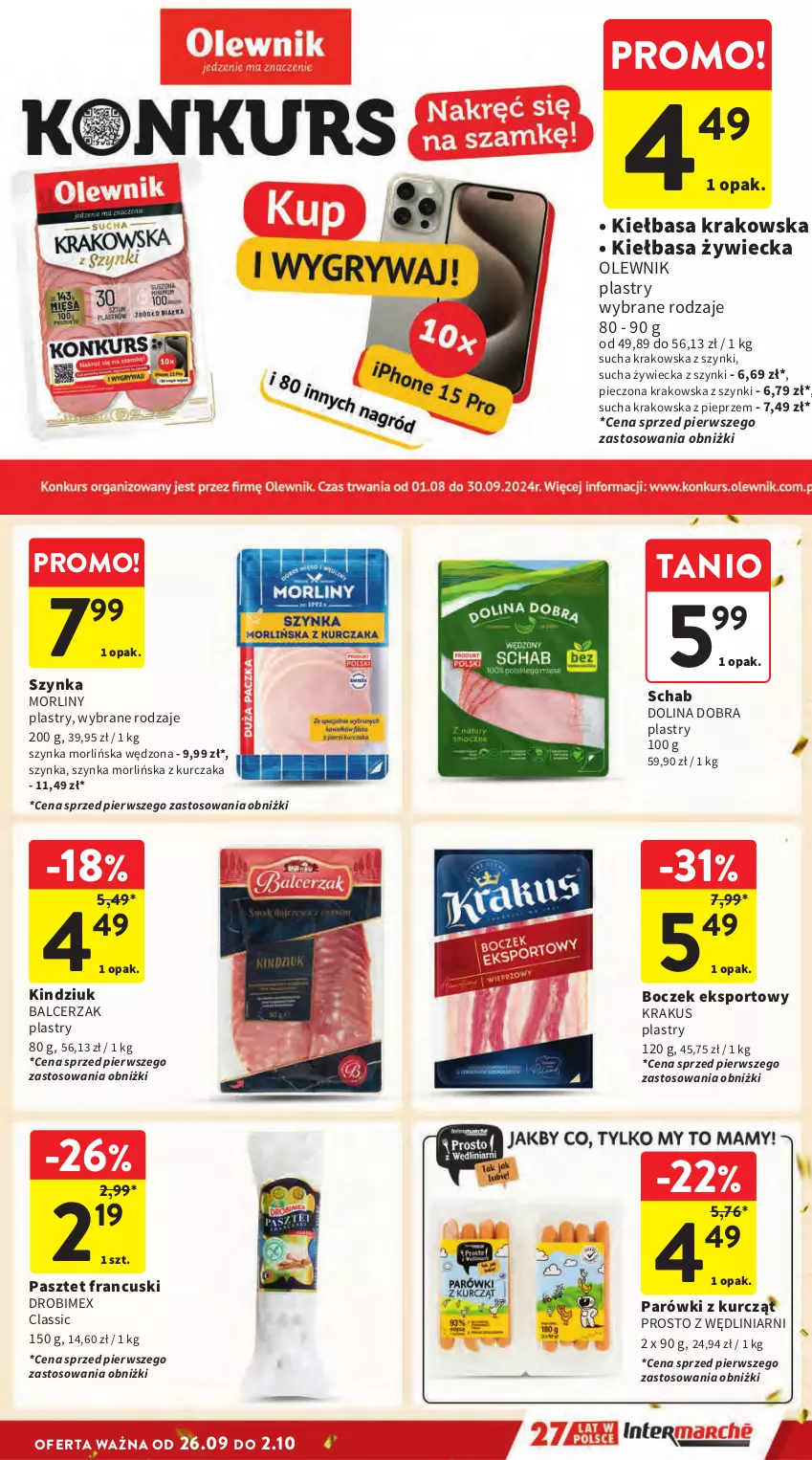 Gazetka promocyjna Intermarche - Gazetka Intermarche - ważna 26.09 do 02.10.2024 - strona 15 - produkty: Boczek, Drobimex, Kiełbasa, Kiełbasa krakowska, Kindziuk, Krakus, Kurczak, Morliny, Olewnik, Parówki, Pasztet, Piec, Pieprz, Por, Sport, Szynka