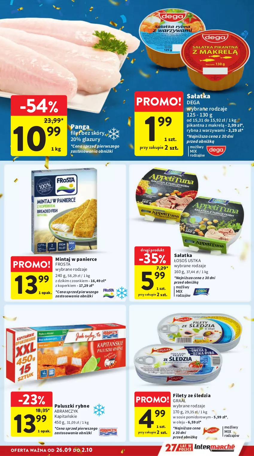 Gazetka promocyjna Intermarche - Gazetka Intermarche - ważna 26.09 do 02.10.2024 - strona 17 - produkty: Dega, Frosta, Gra, Graal, Lazur, Makrelą, Mintaj, Olej, Paluszki rybne, Panga, Sałat, Sałatka, Sos, Warzywa