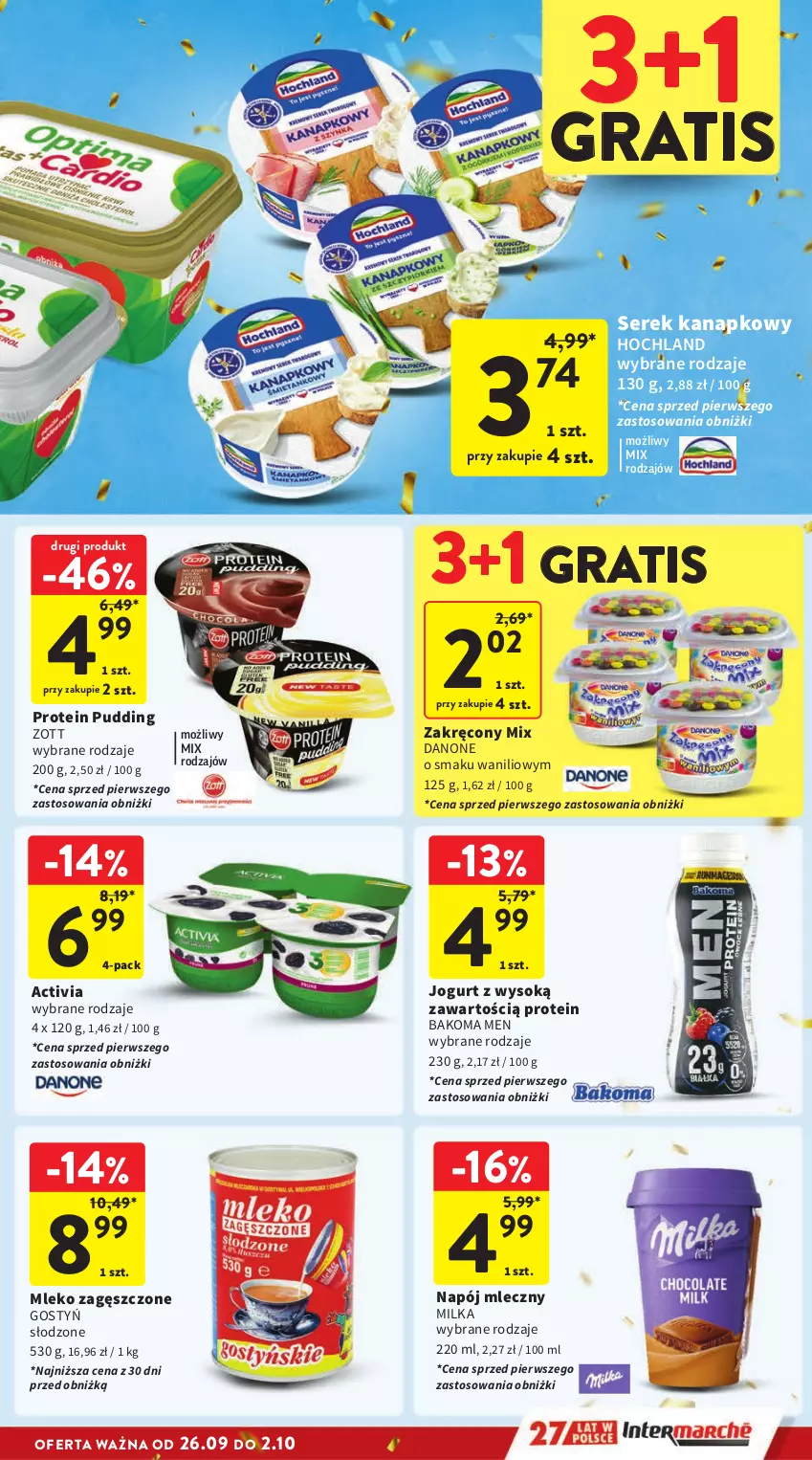 Gazetka promocyjna Intermarche - Gazetka Intermarche - ważna 26.09 do 02.10.2024 - strona 21 - produkty: Activia, Bakoma, Danone, Gra, Hochland, Jogurt, Milka, Mleko, Mleko zagęszczone, Napój, Napój mleczny, Pudding, Ser, Serek, Serek kanapkowy, Sok, Zott