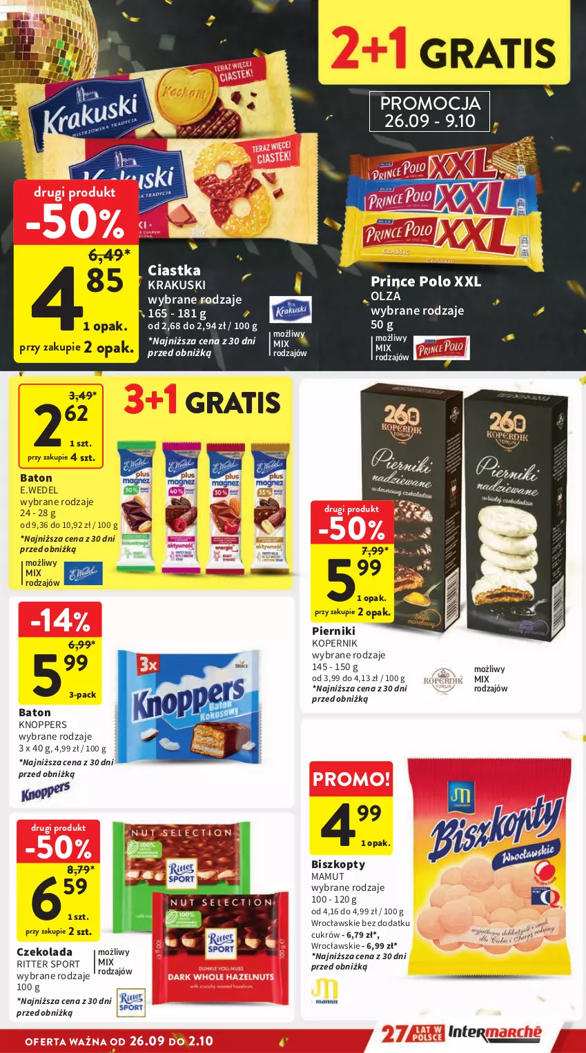 Gazetka promocyjna Intermarche - Gazetka Intermarche - ważna 26.09 do 02.10.2024 - strona 23 - produkty: Baton, Biszkopty, Ciastka, Czekolada, Gra, Knoppers, Krakus, Krakuski, Piernik, Por, Prince Polo, Ritter Sport, Sport