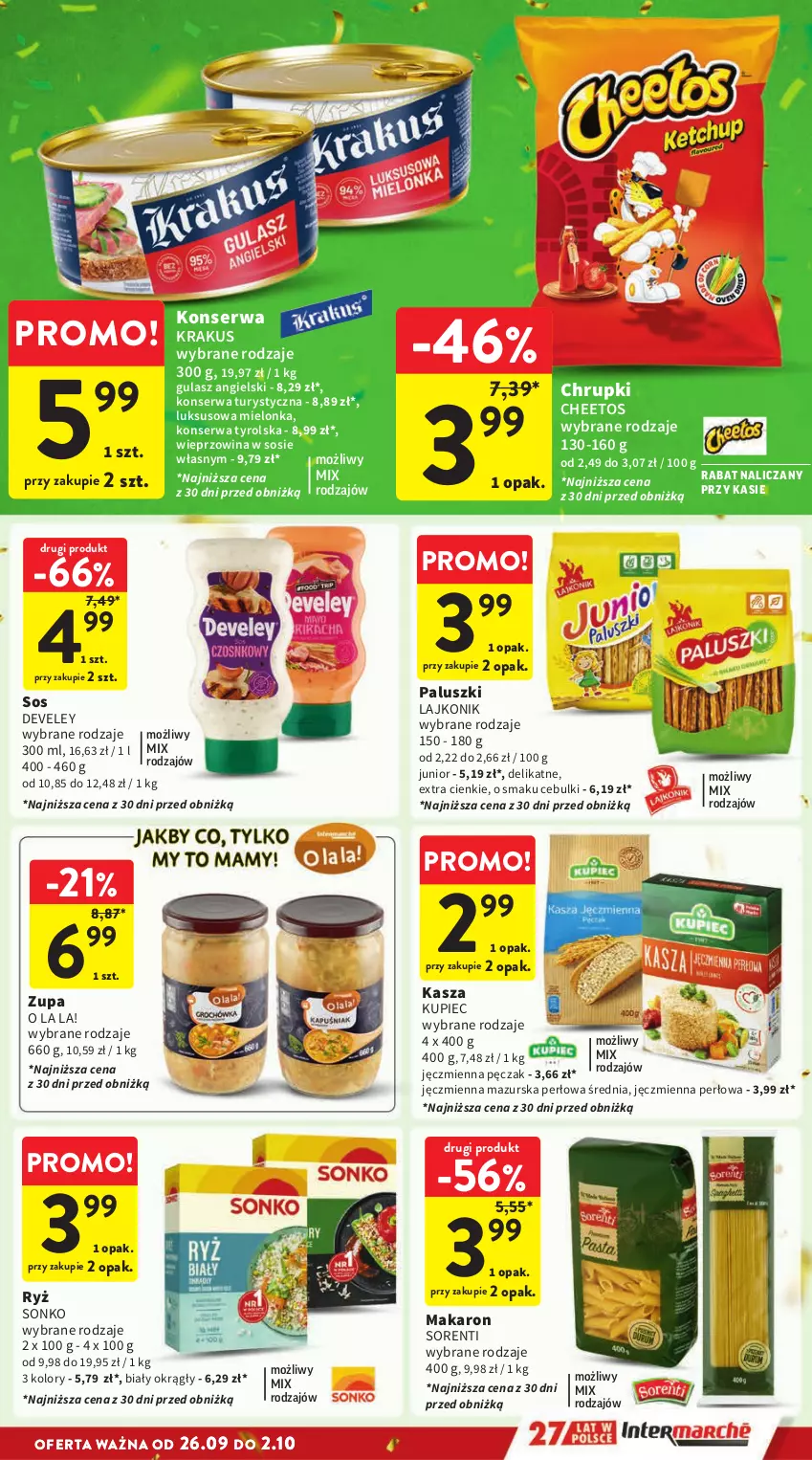 Gazetka promocyjna Intermarche - Gazetka Intermarche - ważna 26.09 do 02.10.2024 - strona 29 - produkty: Cheetos, Chrupki, Kasza, Konserwa turystyczna, Krakus, Kupiec, Lajkonik, Makaron, Piec, Ryż, Ser, Sonko, Sos, Wieprzowina, Zupa