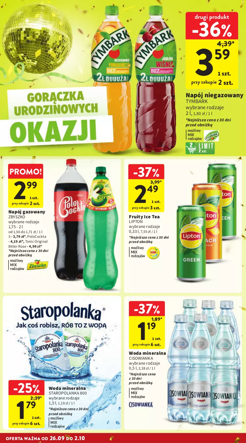 Gazetka promocyjna Intermarche - Gazetka Intermarche - ważna 26.09 do 02.10.2024 - strona 30 - produkty: Cisowianka, Gin, Ice tea, Lipton, Napój, Napój gazowany, Napój niegazowany, Staropolanka, Tymbark, Woda, Woda mineralna