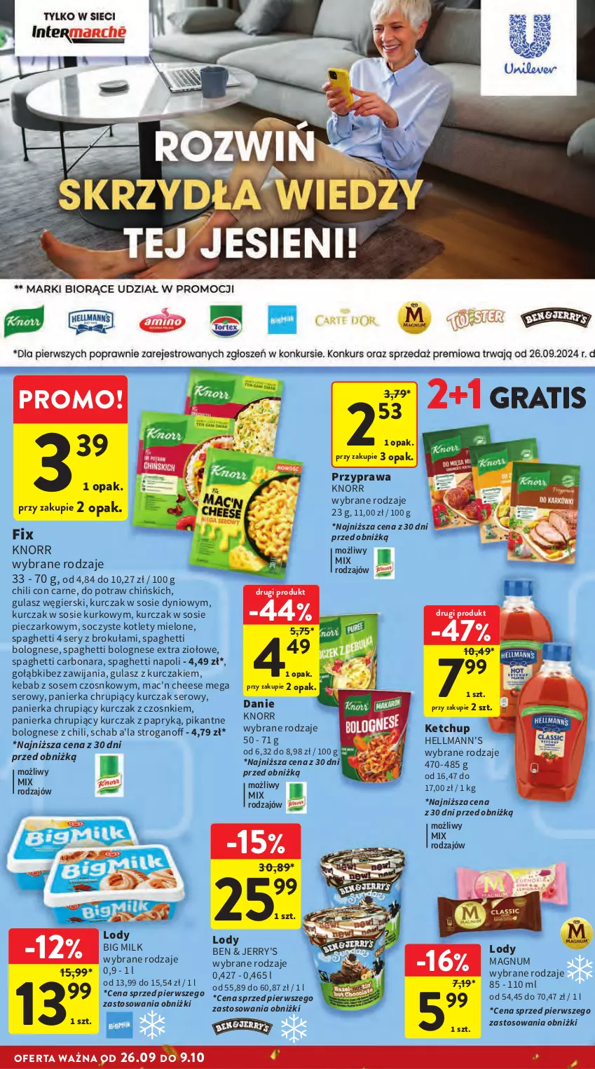 Gazetka promocyjna Intermarche - Gazetka Intermarche - ważna 26.09 do 02.10.2024 - strona 32 - produkty: Big Milk, Gra, Kebab, Ketchup, Knorr, Kotlet, Kurczak, Lody, Piec, Ser, Sos, Spaghetti