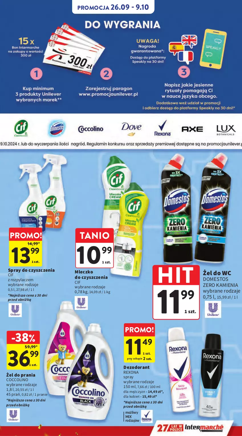 Gazetka promocyjna Intermarche - Gazetka Intermarche - ważna 26.09 do 02.10.2024 - strona 33 - produkty: Cif, Coccolino, Dezodorant, Domestos, Mleczko, Rexona, Spray do czyszczenia