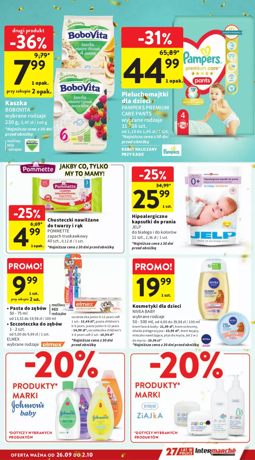 Gazetka promocyjna Intermarche - Gazetka Intermarche - ważna 26.09 do 02.10.2024 - strona 35 - produkty: BoboVita, Body, Chusteczki, Dzieci, Elmex, Fa, Kapsułki do prania, Kosmetyki dla dzieci, Majtki, Mleczko, Nivea, Nivea Baby, Pampers, Pasta do zębów, Pieluchomajtki, Płyn do mycia, Szczoteczka, Szczoteczka do zębów