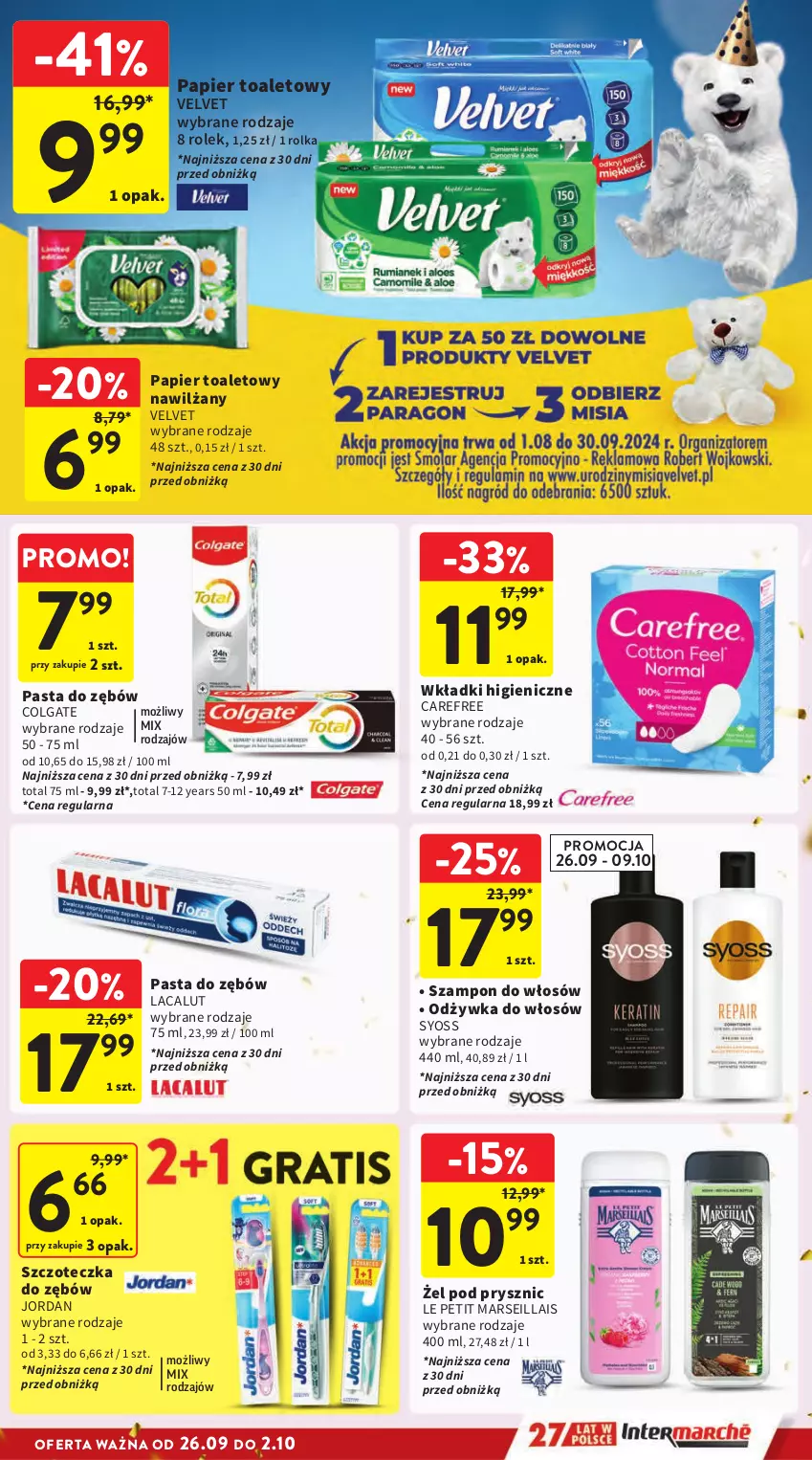 Gazetka promocyjna Intermarche - Gazetka Intermarche - ważna 26.09 do 02.10.2024 - strona 37 - produkty: Carefree, Colgate, Lacalut, LG, Mars, Odżywka, Papier, Papier toaletowy, Pasta do zębów, Syoss, Szampon, Szczoteczka, Szczoteczka do zębów, Velvet, Wkładki