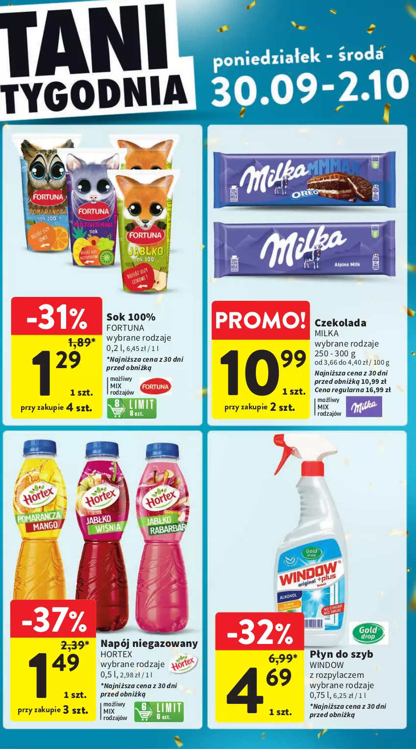 Gazetka promocyjna Intermarche - Gazetka Intermarche - ważna 26.09 do 02.10.2024 - strona 47 - produkty: Czekolada, Fortuna, Hortex, Milka, Napój, Napój niegazowany, Sok