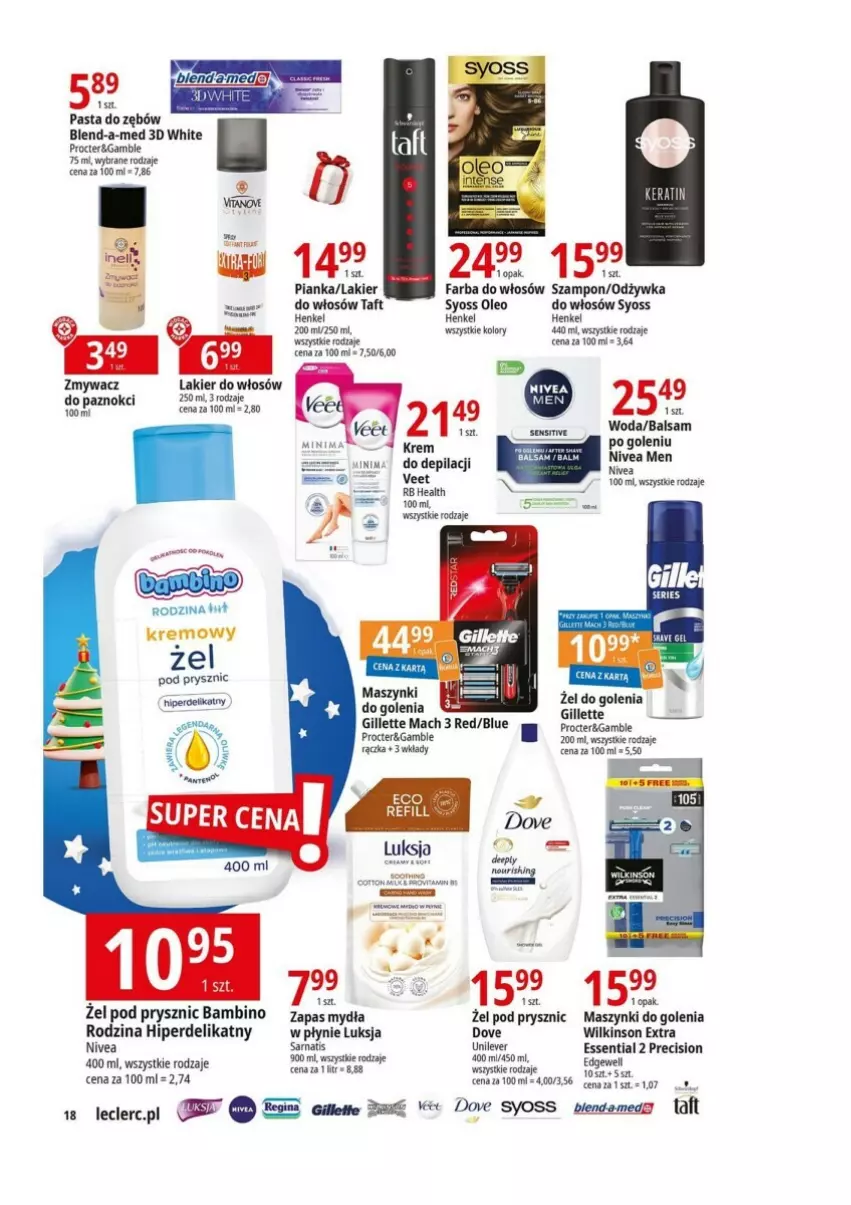 Gazetka promocyjna E Leclerc - ważna 12.12 do 23.12.2023 - strona 10 - produkty: Balsam po goleniu, Blend-a-Med, Dove, Fa, Farba do włosów, Gillette, Lakier, Lakier do włosów, Luksja, Nivea, Nivea Men, Odżywka, Pasta do zębów, Syoss, Szampon, Veet, Woda