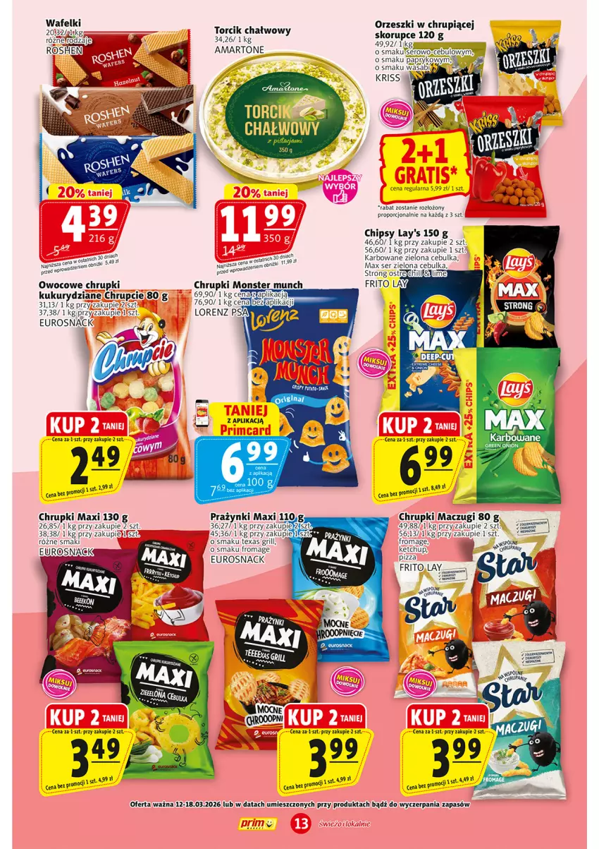 Gazetka promocyjna Prim Market - ważna 12.03 do 18.03.2026 - strona 13 - produkty: Chipsy, Chrupki, Grill, Ketchup, Lorenz, Monster Munch, Orzeszki, Pizza, Por, Ser, Wasa