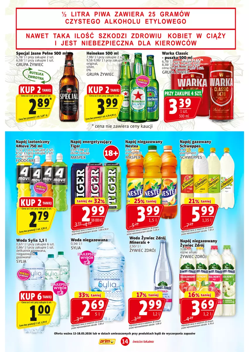 Gazetka promocyjna Prim Market - ważna 12.03 do 18.03.2026 - strona 14 - produkty: Fa, Gra, Heineken, LG, Napój, Napój izotoniczny, Napój niegazowany, Nestea, Piec, Piwa, Schweppes, Tiger, Warka, Woda, Woda mineralna, Woda niegazowana
