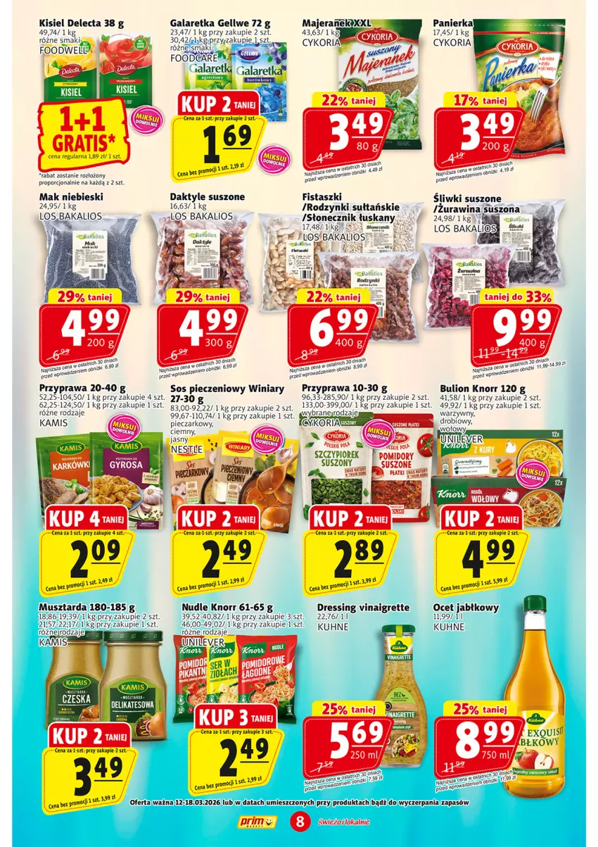 Gazetka promocyjna Prim Market - ważna 12.03 do 18.03.2026 - strona 8 - produkty: Bulion, Daktyle, Delecta, Dres, Gala, Galaretka, Galaretki, Kamis, Kisiel, Knorr, Lion, Ocet, Piec, Por, Rodzynki, Ser, Sos, Sos pieczeniowy, Winiary