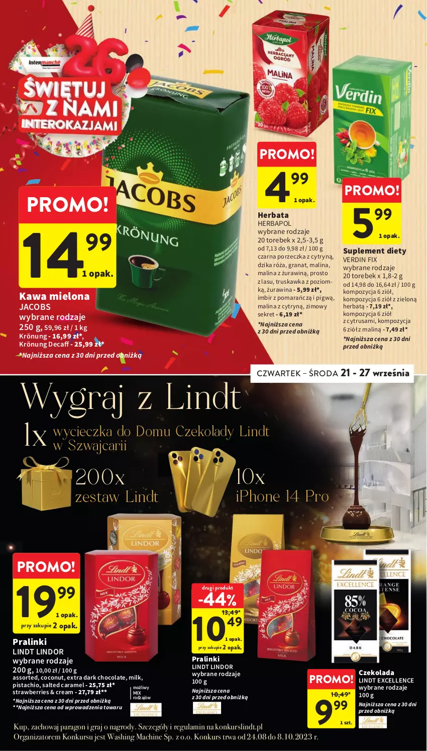 Gazetka promocyjna Intermarche - Gazetka Intermarche - ważna 21.09 do 27.09.2023 - strona 30 - produkty: Czekolada, Dzika róża, Gra, Granat, Herbapol, Herbata, Imbir, Jacobs, Kawa, Kawa mielona, Kret, Lindor, Lindt, Por, Róża, Suplement diety