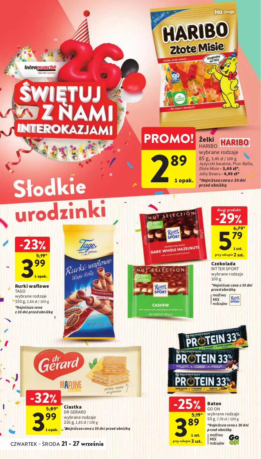 Gazetka promocyjna Intermarche - Gazetka Intermarche - ważna 21.09 do 27.09.2023 - strona 32 - produkty: Baton, Ciastka, Czekolada, Dr Gerard, Haribo, Jelly beans, Pico-Balla, Por, Ritter Sport, Rurki, Sport, Tago