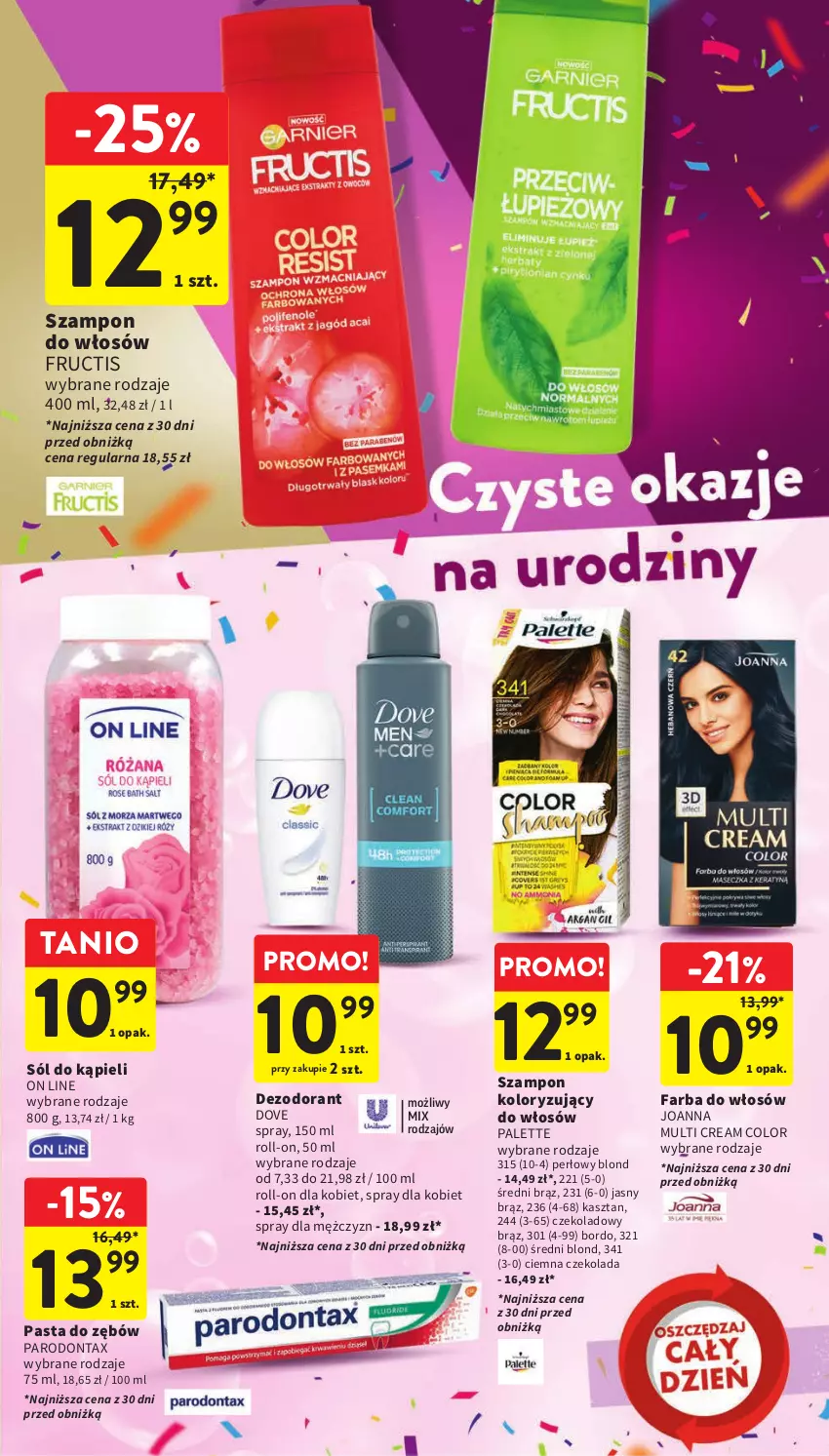 Gazetka promocyjna Intermarche - Gazetka Intermarche - ważna 21.09 do 27.09.2023 - strona 41 - produkty: Czekolada, Dezodorant, Dove, Fa, Farba do włosów, Fructis, Joanna, Palette, Parodontax, Pasta do zębów, Sól, Sól do kąpieli, Szampon