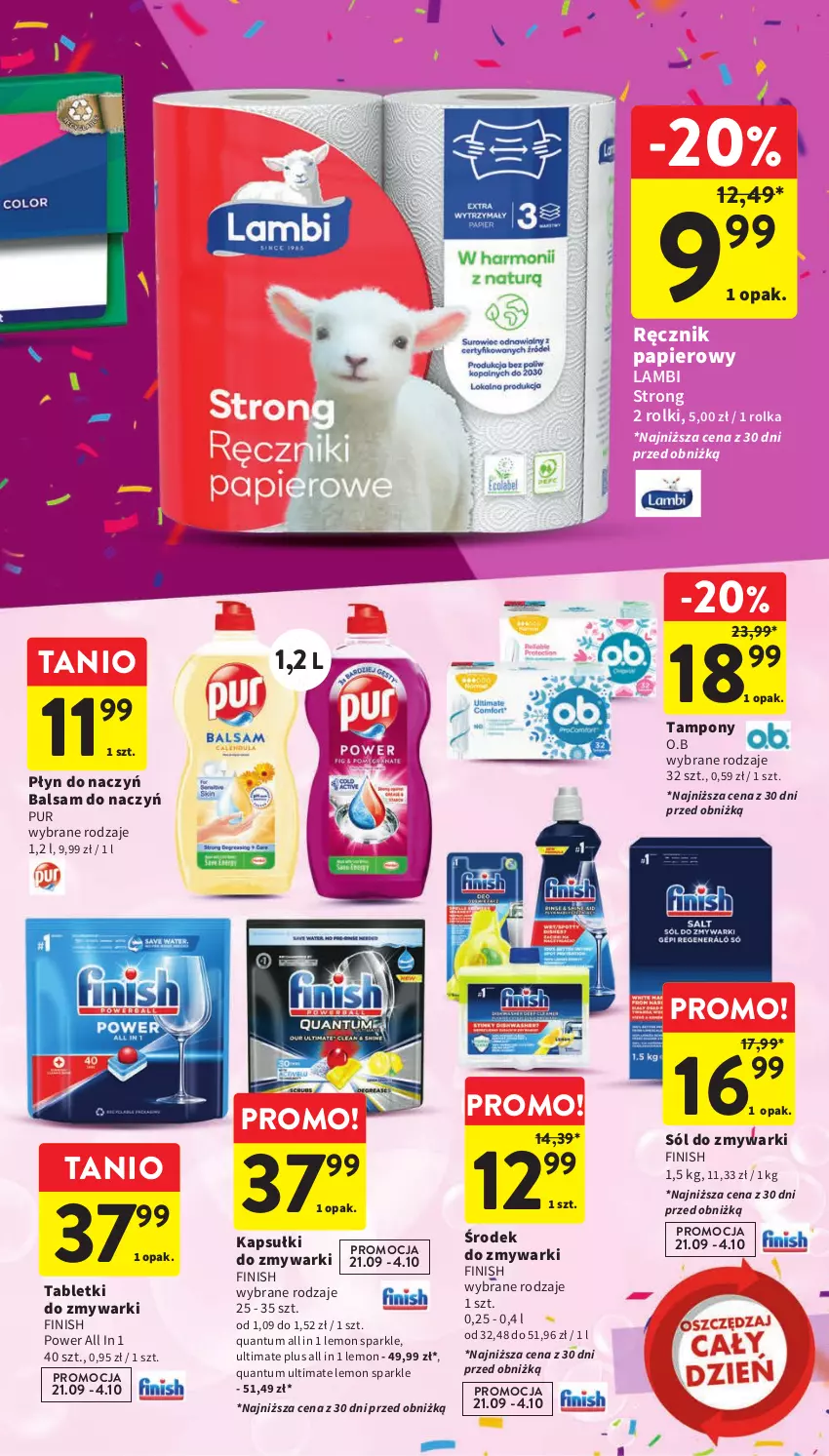 Gazetka promocyjna Intermarche - Gazetka Intermarche - ważna 21.09 do 27.09.2023 - strona 43 - produkty: Finish, Papier, Pur, Ręcznik, Rolki, Sól, Tablet, Tabletki do zmywarki, Tampony, Zmywarki