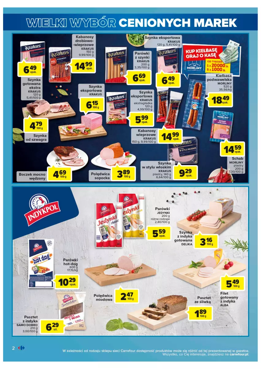 Gazetka promocyjna Carrefour - Gazetka Wielki wybór cenionych marek - ważna 30.05 do 10.06.2023 - strona 2 - produkty: Boczek, Kabanos, Kiełbasa, Krakus, Morliny, Parówki, Parówki z szynki, Pasztet, Pasztet z indyka, Polędwica, Por, Sport, Szynka, Wawel