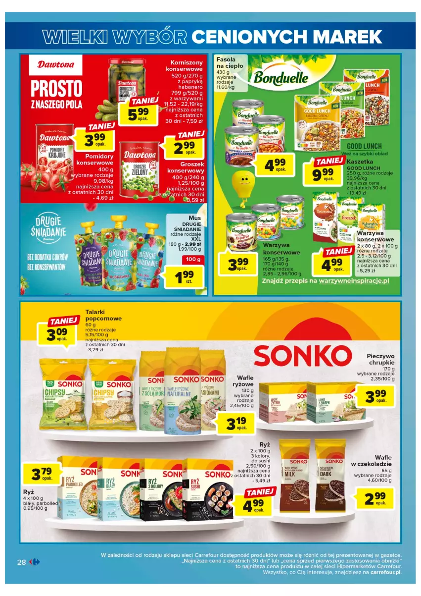 Gazetka promocyjna Carrefour - Gazetka Wielki wybór cenionych marek - ważna 30.05 do 10.06.2023 - strona 28 - produkty: Bonduelle, Chrupki, Dawtona, Fa, Groszek, Kaszetka, Mus, Piec, Pieczywo, Pomidory, Popcorn, Ryż, Ser, Sonko, Wafle, Warzywa