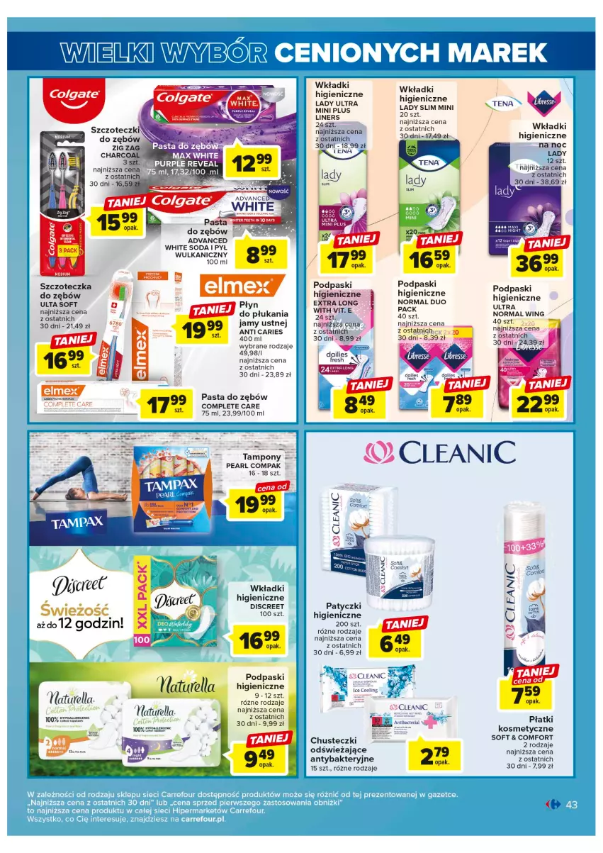 Gazetka promocyjna Carrefour - Gazetka Wielki wybór cenionych marek - ważna 30.05 do 10.06.2023 - strona 43 - produkty: Chusteczki, Cleanic, Colgate, Discreet, LG, Pasta do zębów, Podpaski, Szczoteczka, Wkładki