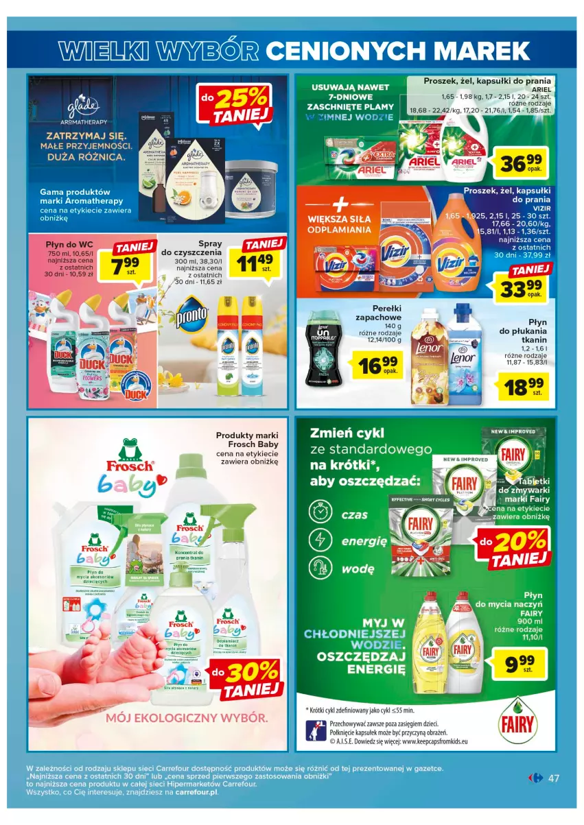 Gazetka promocyjna Carrefour - Gazetka Wielki wybór cenionych marek - ważna 30.05 do 10.06.2023 - strona 47 - produkty: Ariel, Do mycia naczyń, Dzieci, Fa, Fairy, Frosch, Kapsułki do prania, Perełki zapachowe, Płyn do mycia, Płyn do mycia naczyń, Zmywarki