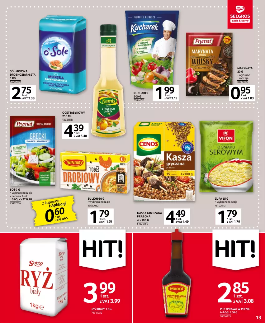 Gazetka promocyjna Selgros - Oferta spożywcza - ważna 20.04 do 02.05.2023 - strona 13 - produkty: Bulion, Gry, Kasza, Kasza gryczana, Kucharek, Lion, Maggi, Ocet, Przyprawa w płynie, Ryż, Ryż biały, Sól, Sos, Zupa