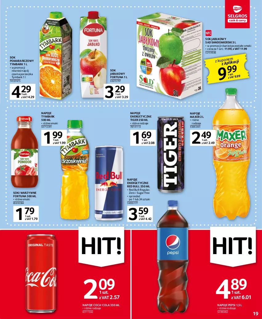 Gazetka promocyjna Selgros - Oferta spożywcza - ważna 20.04 do 02.05.2023 - strona 19 - produkty: Coca-Cola, Fortuna, Maxer, Napój, Napoje, Pepsi, Por, Red Bull, Sok, Sok jabłkowy, Sok pomarańczowy, Tiger, Tymbark