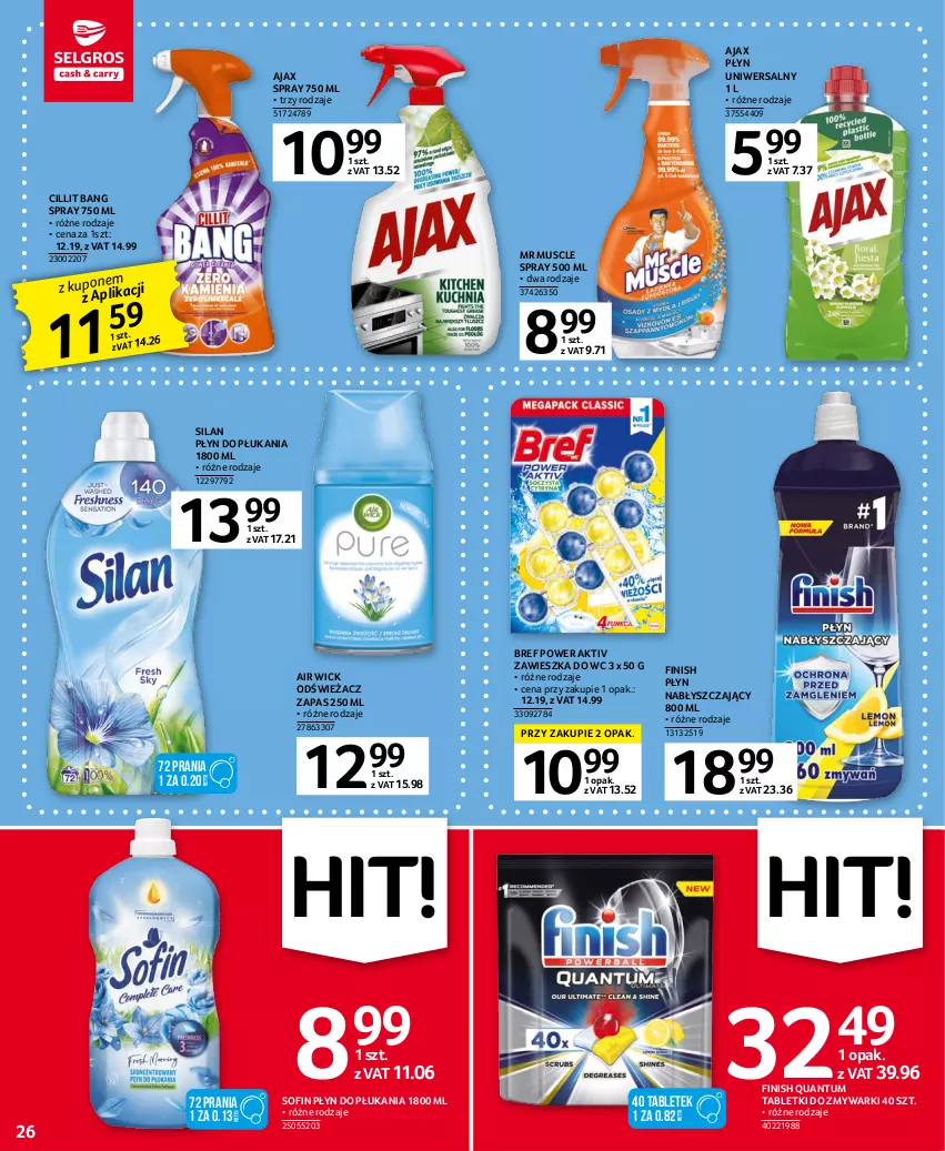 Gazetka promocyjna Selgros - Oferta spożywcza - ważna 20.04 do 02.05.2023 - strona 26 - produkty: Air Wick, Ajax, Bref, Cillit Bang, Finish, Mus, Płyn do płukania, Płyn nabłyszczający, Silan, Tablet, Tabletki do zmywarki, Zawieszka do wc, Zmywarki