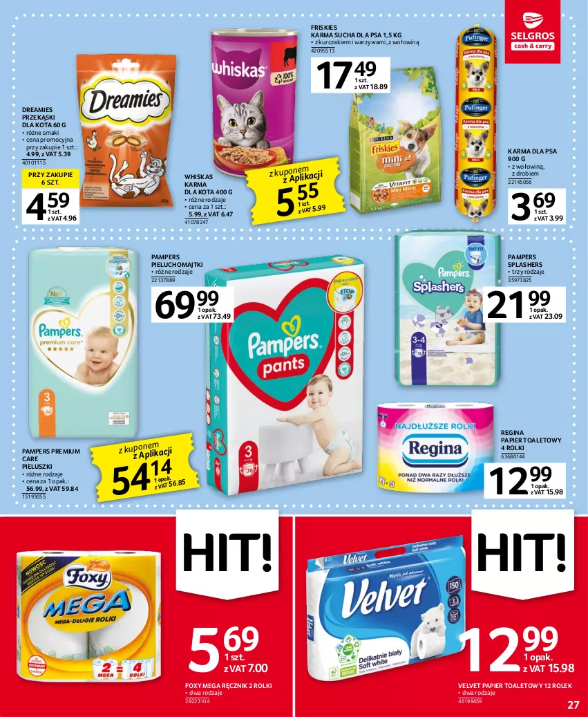 Gazetka promocyjna Selgros - Oferta spożywcza - ważna 20.04 do 02.05.2023 - strona 27 - produkty: Foxy, Friskies, Gin, Kurczak, Majtki, Pampers, Papier, Papier toaletowy, Pieluchomajtki, Przekąski dla kota, Ręcznik, Rolki, Velvet, Warzywa, Whiskas