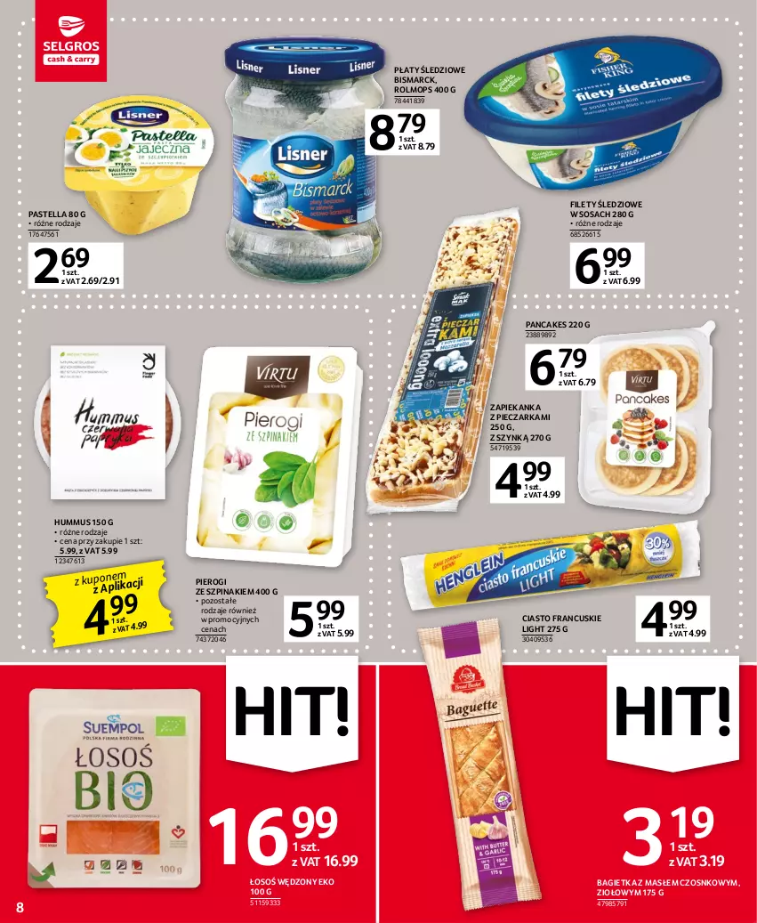 Gazetka promocyjna Selgros - Oferta spożywcza - ważna 20.04 do 02.05.2023 - strona 8 - produkty: Bagietka, Ciasto francuskie, Hummus, Mop, Mus, Pastella, Piec, Pieczarka, Pierogi, Płaty śledziowe, Sos, Szpinak, Zapiekanka