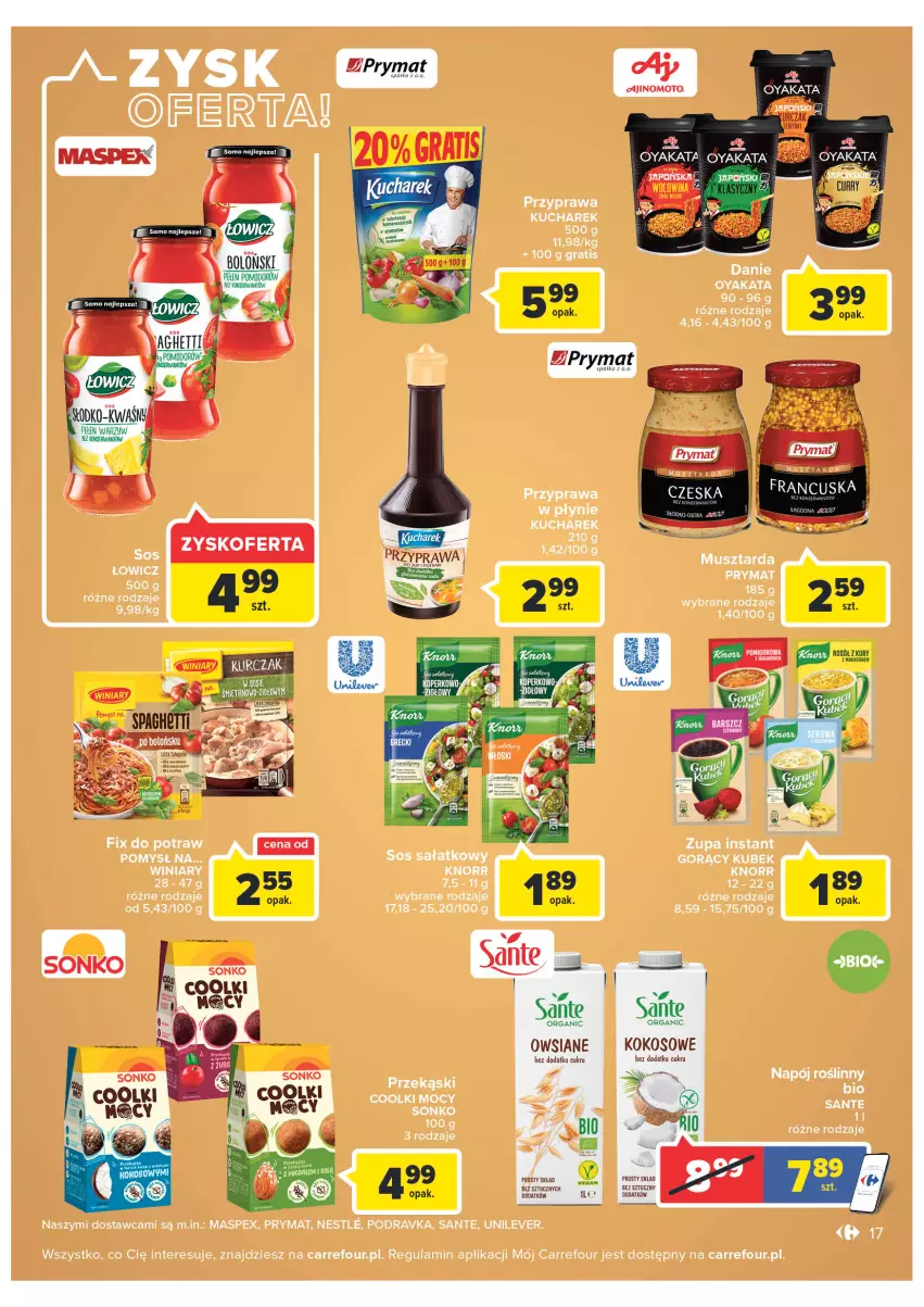 Gazetka promocyjna Carrefour - Gazetka Carrefour Zyskoteka - ważna 18.10 do 22.10.2022 - strona 17 - produkty: Gra, Knorr, Kubek, Kucharek, Makaron, Mus, Musztarda, Podravka, Prymat, Przyprawa w płynie, Rosół, Sałat, Sante, Sonko, Sos, Winiary, Zupa