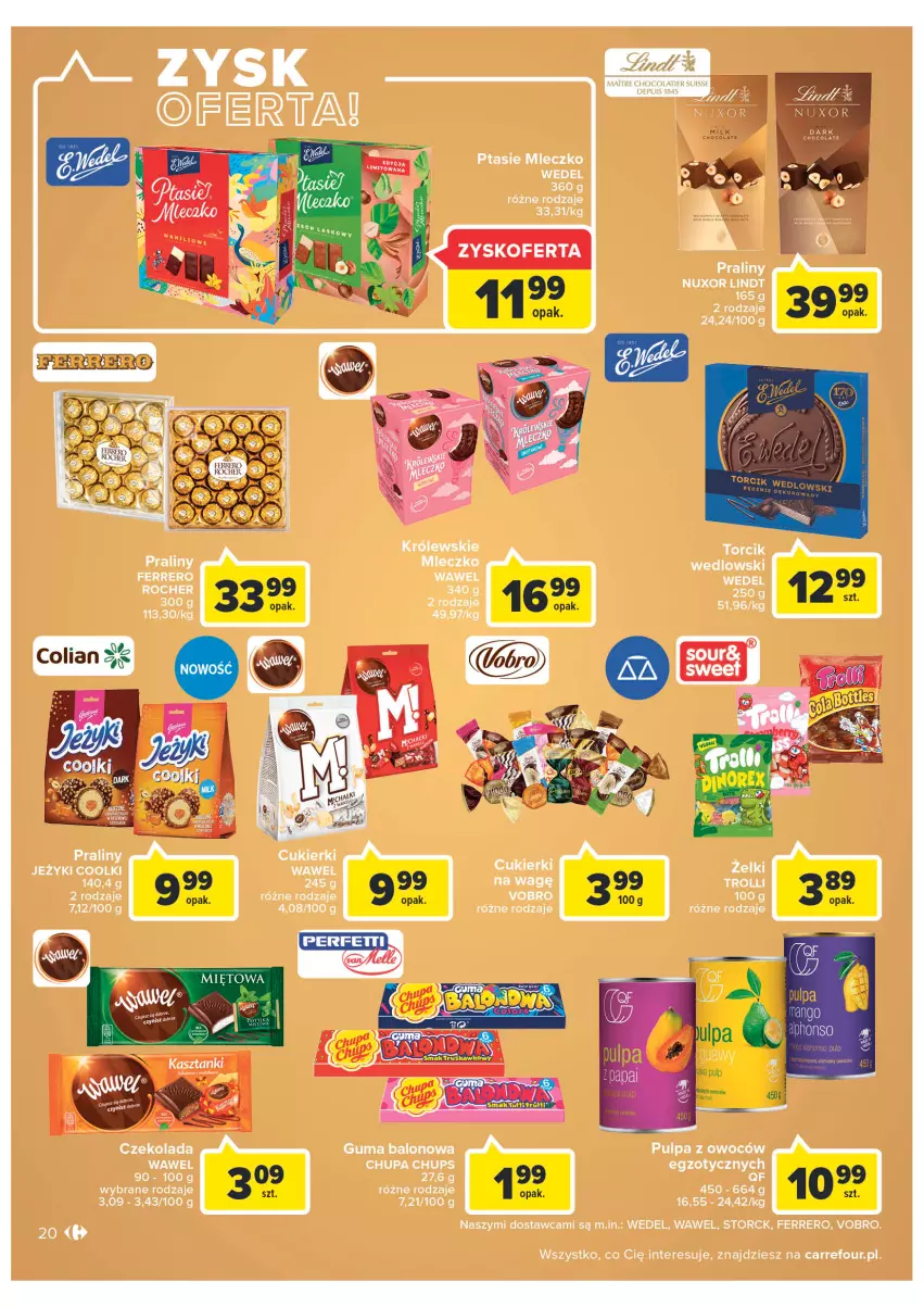 Gazetka promocyjna Carrefour - Gazetka Carrefour Zyskoteka - ważna 18.10 do 22.10.2022 - strona 20 - produkty: Chupa Chups, Cukier, Cukierki, Czekolada, Ferrero, Ferrero Rocher, Jeżyki, Lindt, Mleczko, Praliny, Ptasie mleczko, Wawel