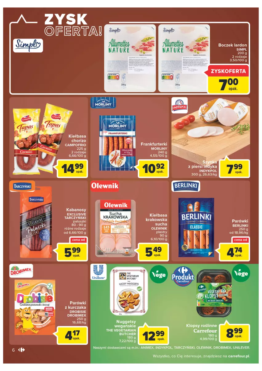 Gazetka promocyjna Carrefour - Gazetka Carrefour Zyskoteka - ważna 18.10 do 22.10.2022 - strona 6 - produkty: Boczek, Drobimex, Frankfurterki, Groch, Kabanos, Kiełbasa, Morliny, Olewnik, Parówki, Tarczyński, Vegeta