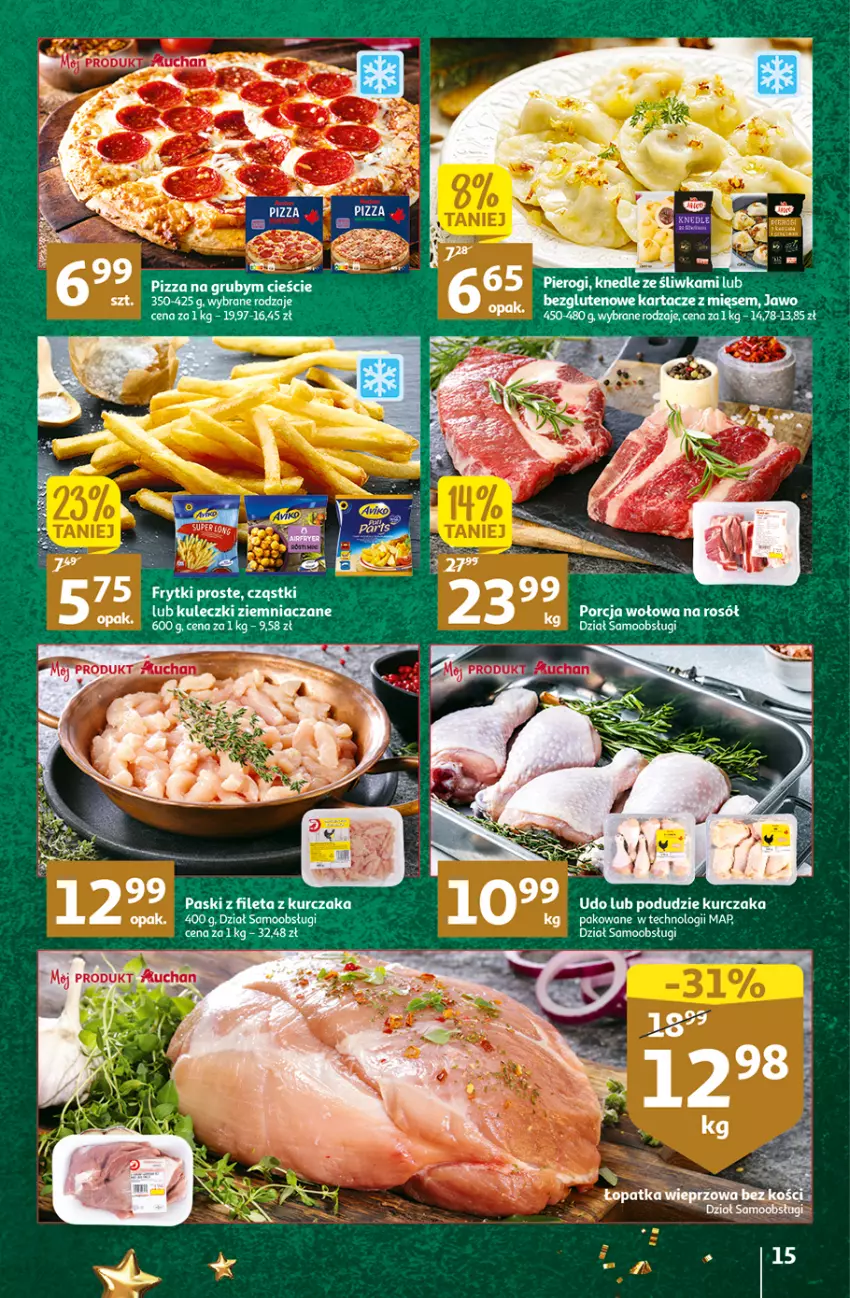 Gazetka promocyjna Auchan - Gazetka Koszyk Oszczędności Auchan Hipermarkety - ważna 17.11 do 23.11.2022 - strona 15 - produkty: Frytki, Knedle, Kurczak, Pierogi, Pizza