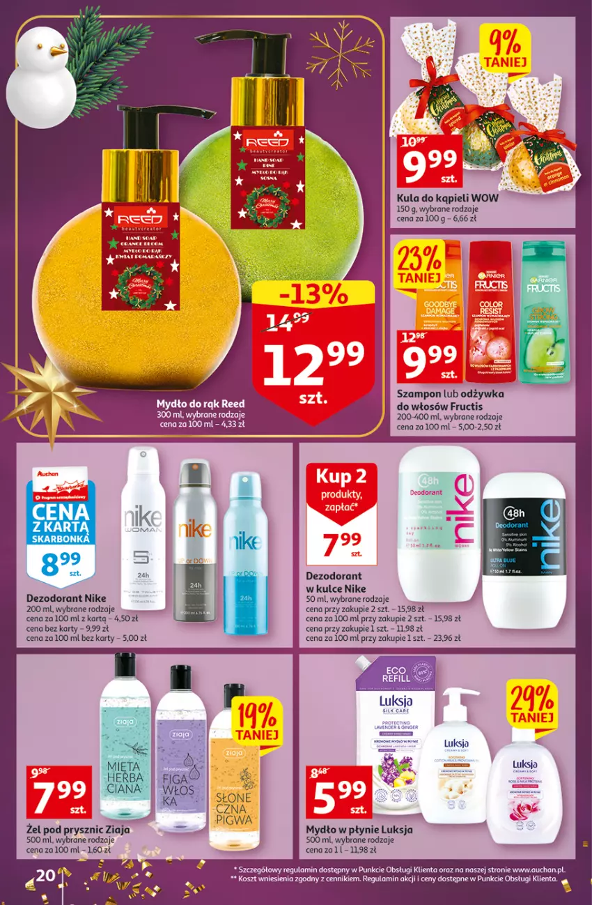 Gazetka promocyjna Auchan - Gazetka Koszyk Oszczędności Auchan Hipermarkety - ważna 17.11 do 23.11.2022 - strona 20 - produkty: Dezodorant, Fructis, Kosz, Kula do kąpieli, Luksja, Mydło, Mydło w płynie, Nike, Odżywka, Szampon, Ziaja