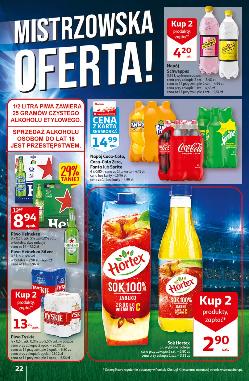 Gazetka promocyjna Auchan - Gazetka Koszyk Oszczędności Auchan Hipermarkety - ważna 17.11 do 23.11.2022 - strona 22 - produkty: Coca-Cola, Fa, Fanta, Heineken, Napój, Piwo, Schweppes, Sprite, Tyskie