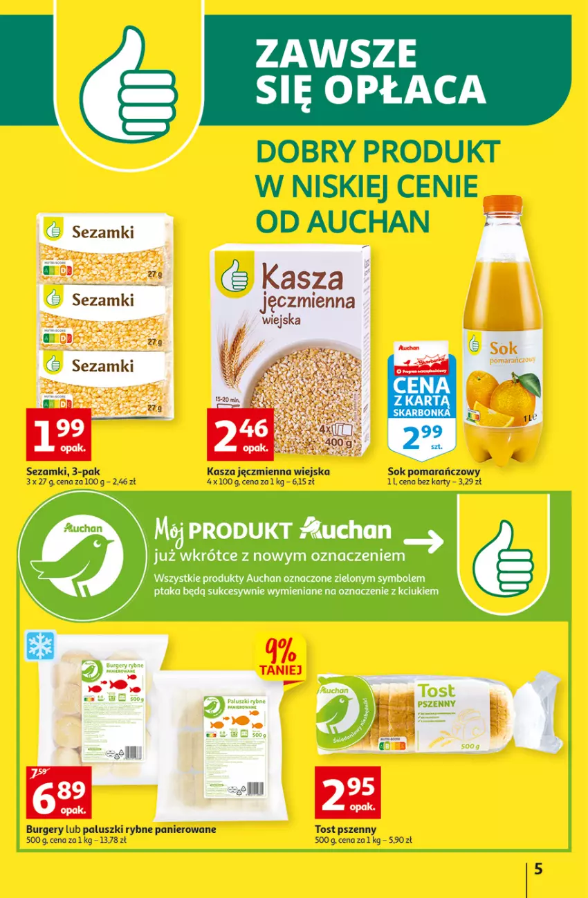 Gazetka promocyjna Auchan - Gazetka Koszyk Oszczędności Auchan Hipermarkety - ważna 17.11 do 23.11.2022 - strona 5 - produkty: Burger, Kasza, Kasza jęczmienna, Paluszki rybne, Sezam, Sok, Sok pomarańczowy