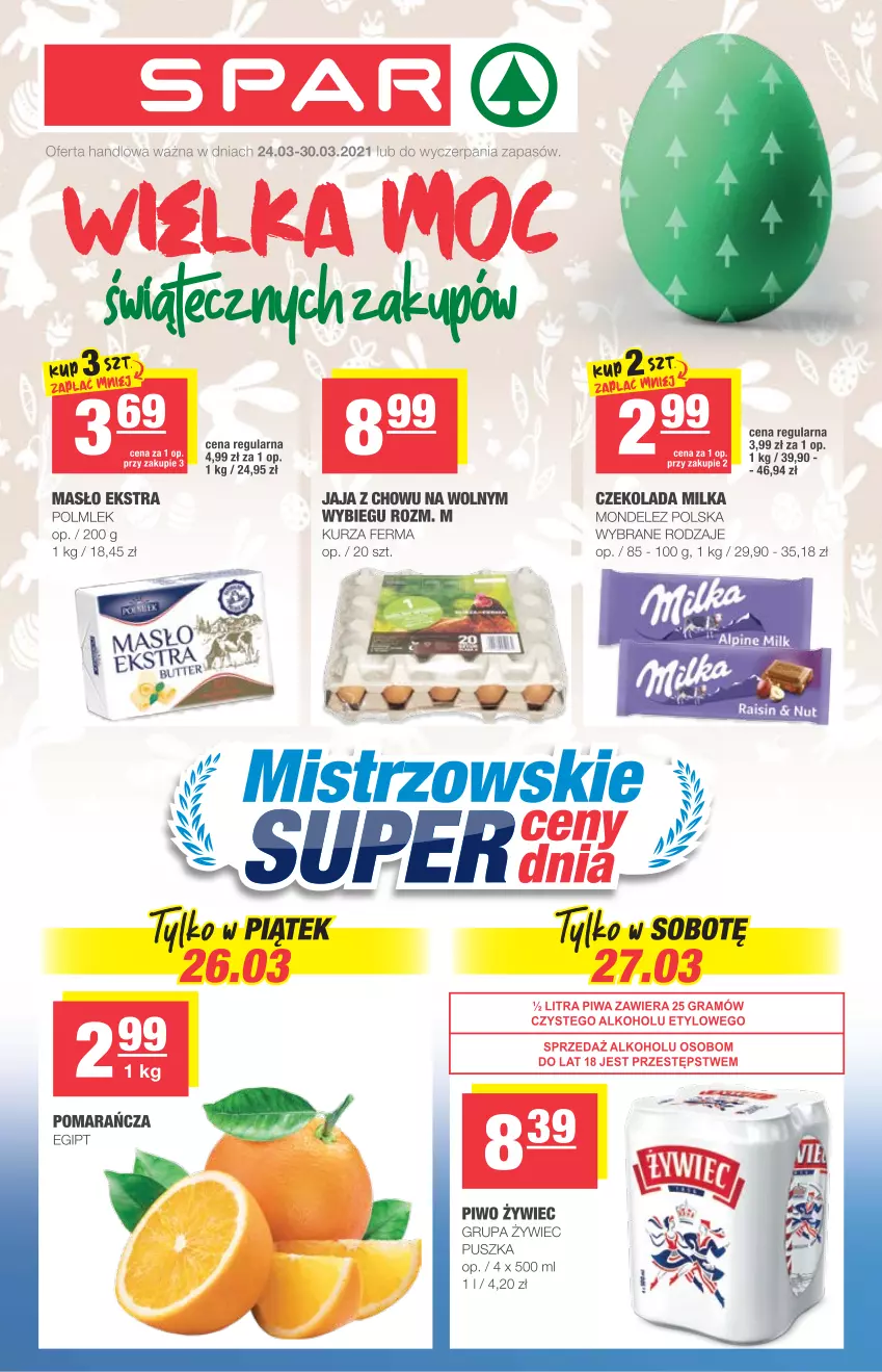 Gazetka promocyjna Spar - Express2 - ważna 24.03 do 30.03.2021 - strona 1 - produkty: Czekolada, Jaja, Masło, Milka, Piwo, POLMLEK