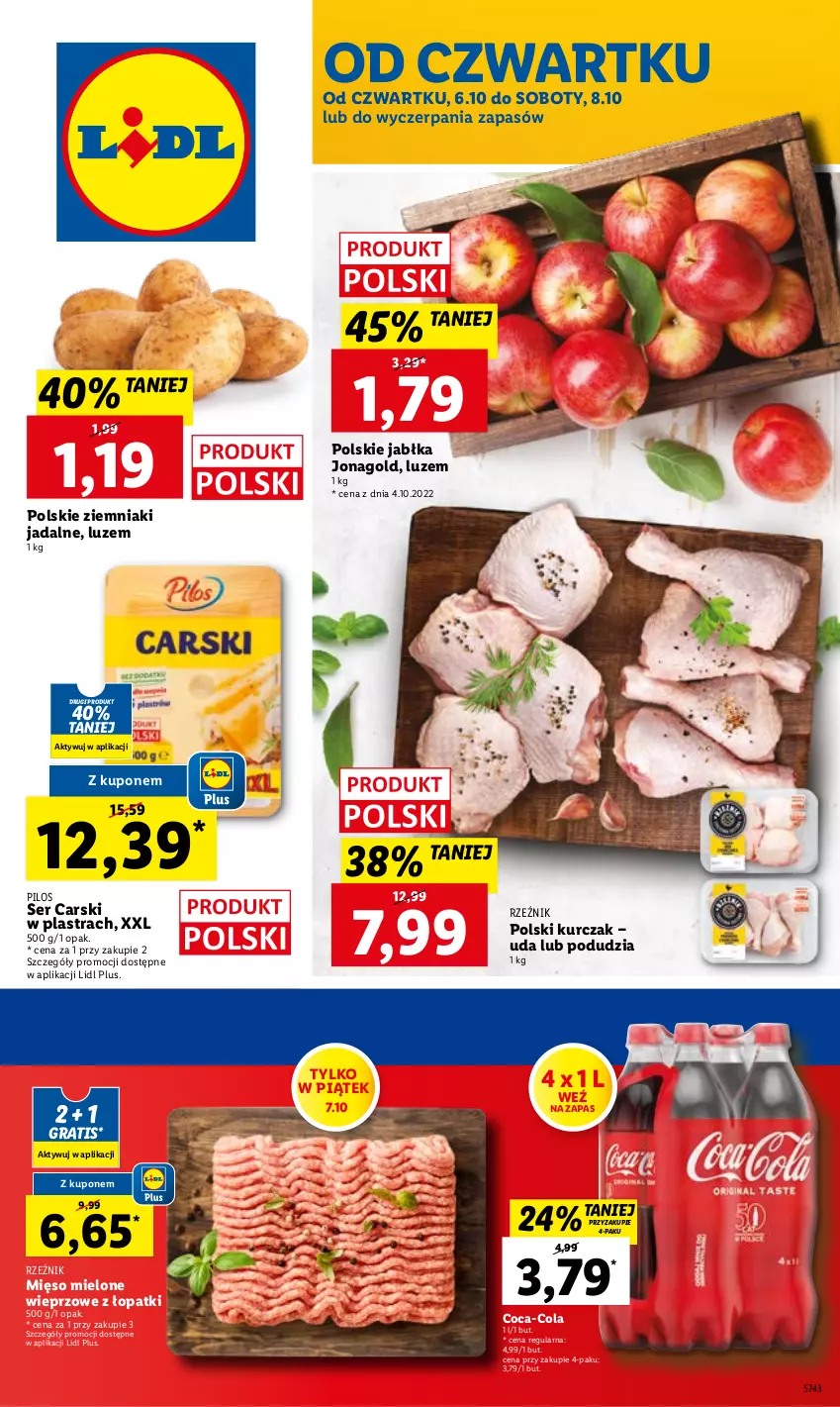 Gazetka promocyjna Lidl - GAZETKA - ważna 06.10 do 08.10.2022 - strona 1 - produkty: Cars, Coca-Cola, Gra, Jabłka, Jonagold, Kurczak, Mięso, Mięso mielone, Pilos, Ser, Ziemniaki