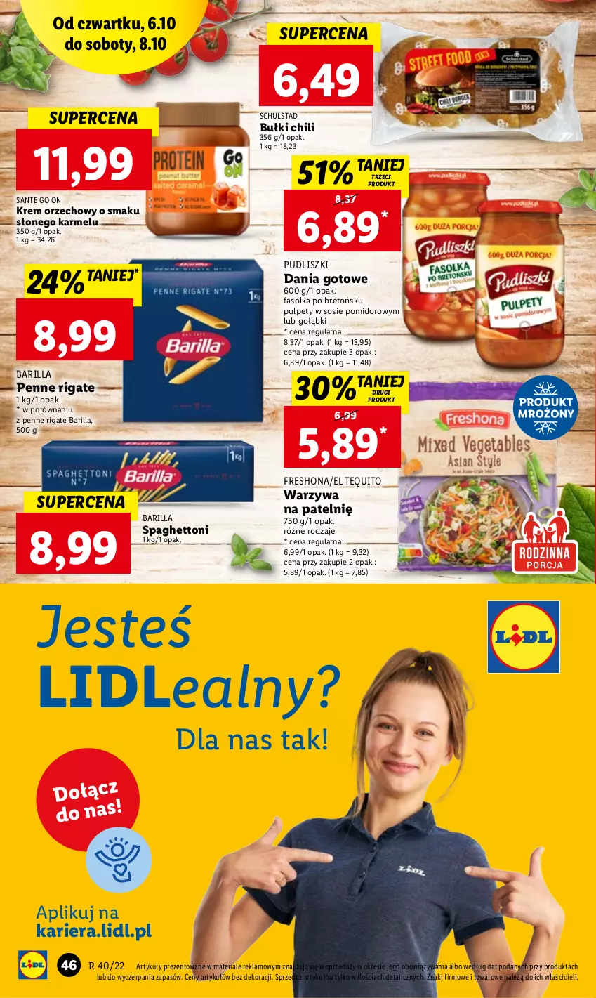 Gazetka promocyjna Lidl - GAZETKA - ważna 06.10 do 08.10.2022 - strona 46 - produkty: Barilla, Dania gotowe, Fa, Krem orzechowy, Penne, Por, Pudliszki, Pulpety, Sante, Sos, Warzywa