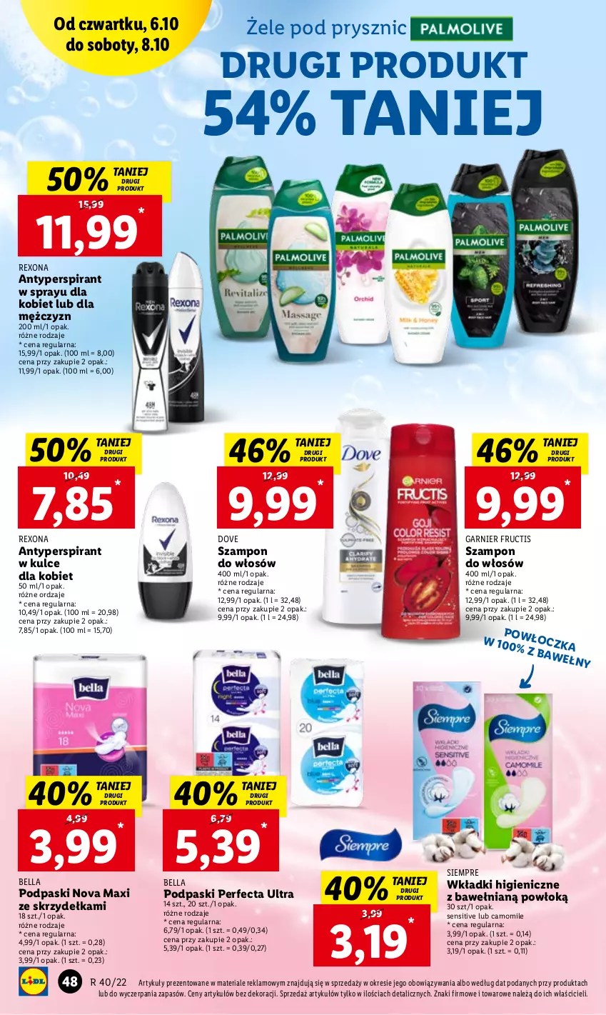 Gazetka promocyjna Lidl - GAZETKA - ważna 06.10 do 08.10.2022 - strona 48 - produkty: Antyperspirant, Bell, Bella, Dove, Fructis, Garnier, Palmolive, Perfecta, Podpaski, Rexona, Szampon, Wkładki