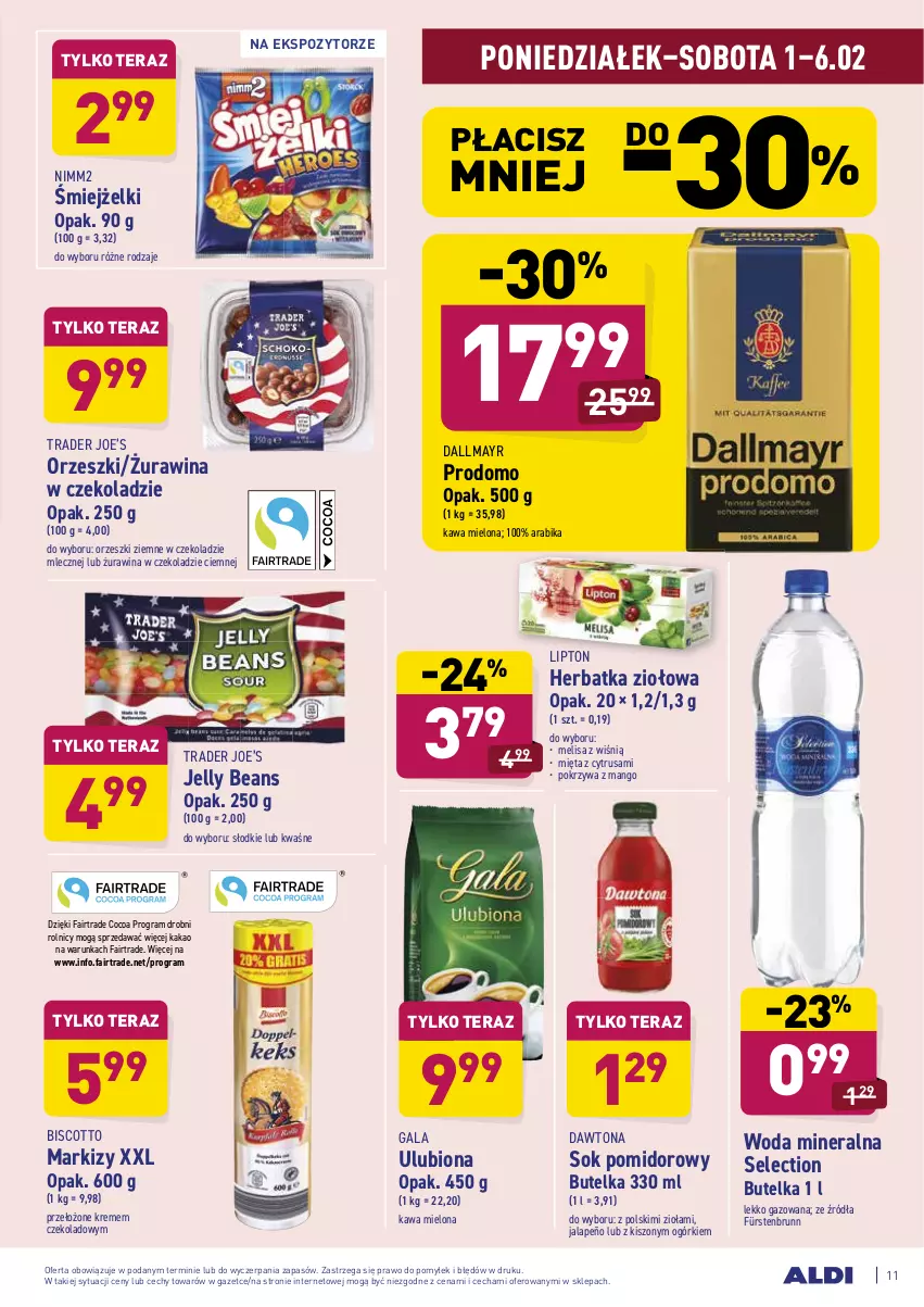 Gazetka promocyjna Aldi - ALE! CENA - ważna 01.02 do 06.02.2021 - strona 11 - produkty: Dallmayr, Dawtona, Fa, Gala, Gra, Jelly beans, Kakao, Kawa, Kawa mielona, Lipton, Mango, Mięta, Nimm2, Orzeszki, Orzeszki ziemne, Sok, Sok pomidorowy, Tera, Woda, Woda mineralna