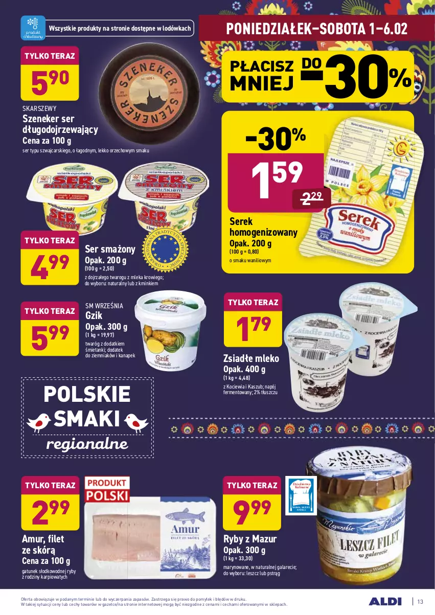 Gazetka promocyjna Aldi - ALE! CENA - ważna 01.02 do 06.02.2021 - strona 13 - produkty: Cars, Gala, Karp, Koc, Lodówka, Mleko, Napój, Pstrąg, Ser, Ser długodojrzewający, Serek, Serek homogenizowany, Tera, Twaróg