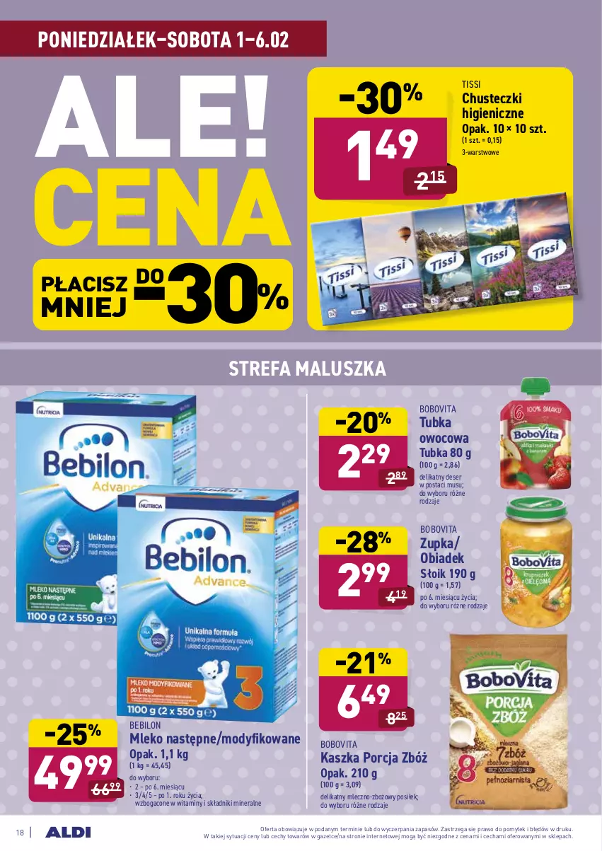 Gazetka promocyjna Aldi - ALE! CENA - ważna 01.02 do 06.02.2021 - strona 18 - produkty: BoboVita, Chusteczki, Deser, Fa, Mleko, Mus, O nas, Por, Ser