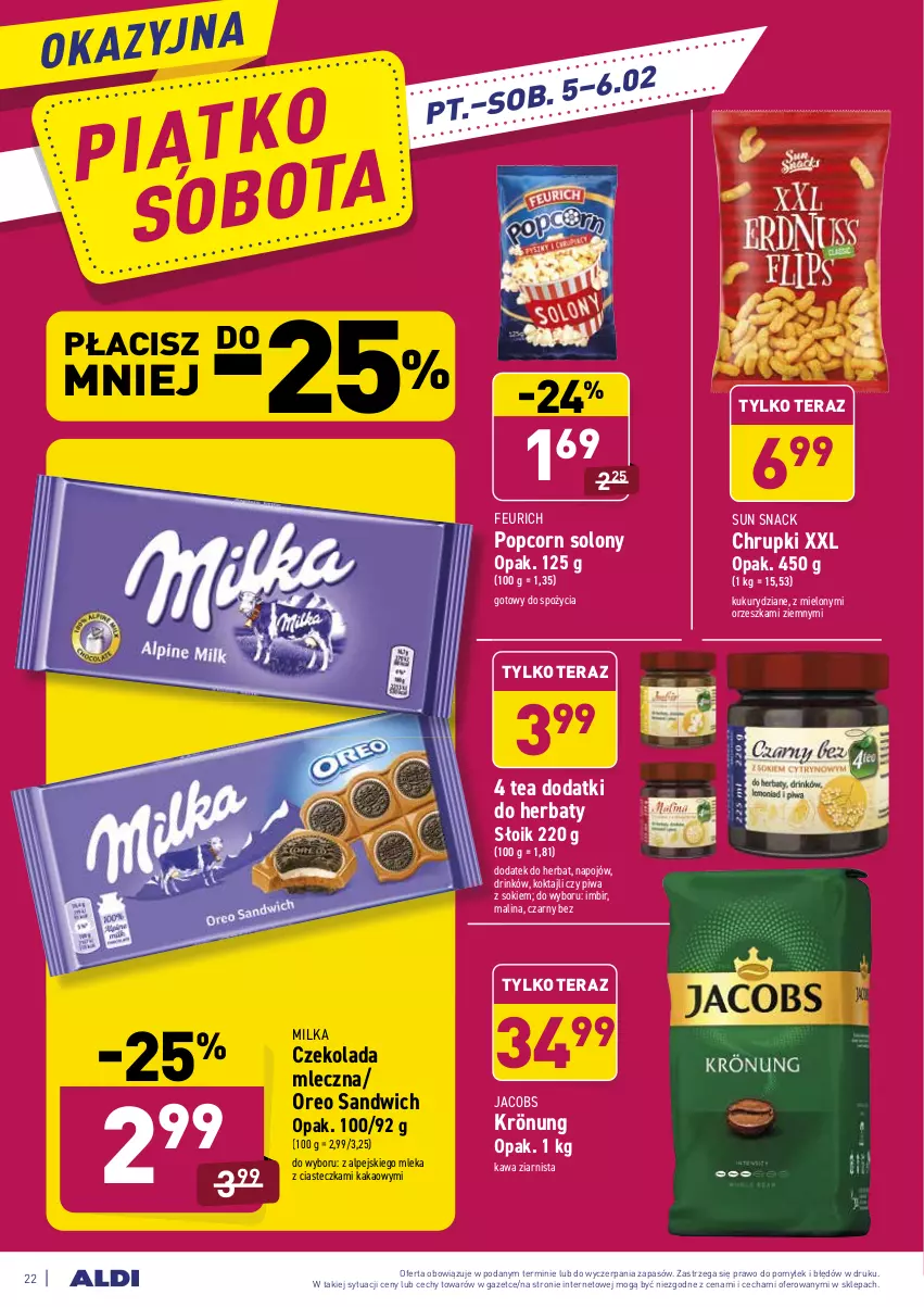 Gazetka promocyjna Aldi - ALE! CENA - ważna 01.02 do 06.02.2021 - strona 22 - produkty: Chrupki, Czekolada, Czekolada mleczna, Imbir, Jacobs, Kakao, Kawa, Kawa ziarnista, Milka, Oreo, Piwa, Popcorn, Sok, Tera