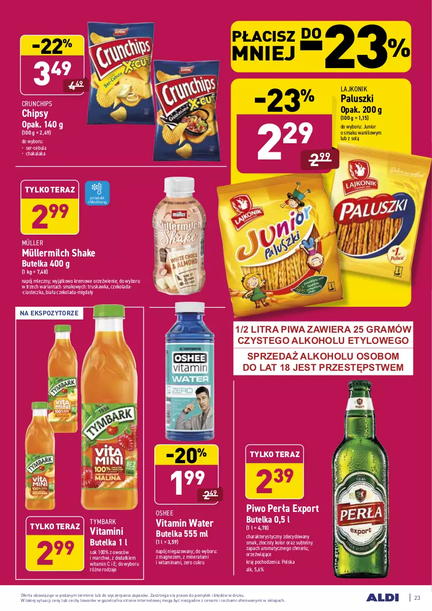 Gazetka promocyjna Aldi - ALE! CENA - ważna 01.02 do 06.02.2021 - strona 23 - produkty: Cebula, Chipsy, Crunchips, Czekolada, Gra, Lajkonik, Magnez, Migdały, Müller, Müllermilch, Napój, Napój mleczny, Napój niegazowany, Oshee, Perła, Piwa, Piwo, Por, Ser, Sok, Tera, Tymbark